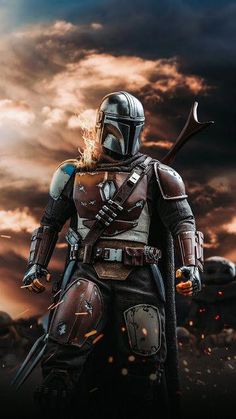 the star wars character boba fett is standing in front of a cloudy sky