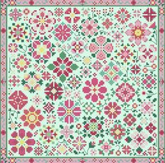 a cross - stitch pattern with flowers and leaves on the border is shown in pink, green