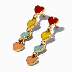 There is so much to love with these linear drop earrings! The 18K gold-plated earrings have a linear row of enamel hearts in rainbow colours. Finish: 18K gold plated Drop: 1 in. / 2.54 cm. Closure: Post back Material: Metal, Gold - Claire's 18K Gold Plated 1" Rainbow Enamel Heart Linear Drop Earrings Gold Enamel Heart Charm Earrings, Valentine's Day Enamel Dangle Earrings, Multicolor Drop Earrings For Valentine's Day, Playful Gold Enamel Earrings, Playful Heart-shaped Gold Jewelry, Valentine's Day Multicolor Enamel Jewelry, Playful Gold Drop Earrings Jewelry, Playful Gold Dangle Earrings, Piercing Kit