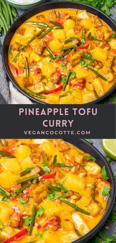 pineapple tofu curry in a black pan with green onions and red peppers on the side