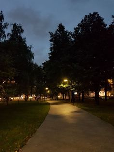 a path in the middle of a park at night