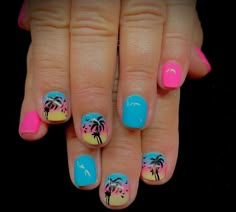 Hawaii Themed Acrylic Nails, Hawian Nails Designs, Beach Theme Nails Designs Summer, Short Nail Designs Hawaii, Beach Theme Nails, Trendy Beach Nails, Summer Nails Palm Tree Tropical, Hawai’i Nails, Turquoise Palm Tree Nails