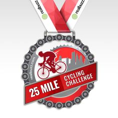 the 25 mile cycling challenge medal is displayed on a white background with red ribbon around it