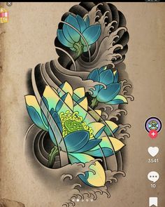 an artistic tattoo design with blue flowers and waves on the back of a cell phone