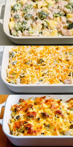 three different views of the same casserole dish with broccoli and cheese