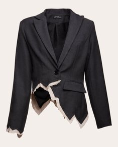 An avant-garde approach to suiting, the Alexandra blazer features ripped, raw-edge fabric along the handkerchief hem and sleeve cuff. Peaked lapels, darted seams and a single-breasted bodice give nod to traditional tailoring. Button closure Single-breasted Darted seams Peaked lapels Flap pocket Ripped handkerchief hem and cuff Self: 100% wool Lining: 100% acetate Dry clean Made in Hungary Size & Fit Garment measurements (size S): 24.4in long from high point of shoulder to hem Fits true to size. If you are in-between sizes, we recommend ordering one size up. Size XS = US 0 / UK 4 Size S = US 2-4 / UK 6-8 Size M = US 6 / UK 10 Size L = US 8-10 / UK 12-14 Size XL = US 12 / UK 16 Cropped Suit Jacket, Cropped Suit, Womens History Month, Handkerchief Hem, Tailored Jacket, High Point, Upcycle Clothes, Coat Dress, Hungary