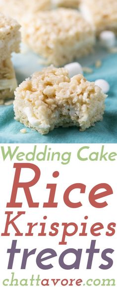 rice krispies treats with marshmallows on top and the words wedding cake