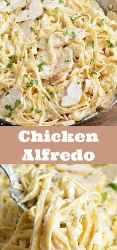 chicken alfredo in a skillet with pasta and parsley