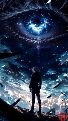 a man standing in front of an eye looking into the sky with clouds and stars