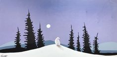 a painting of a white bird sitting on top of a snow covered hill next to trees