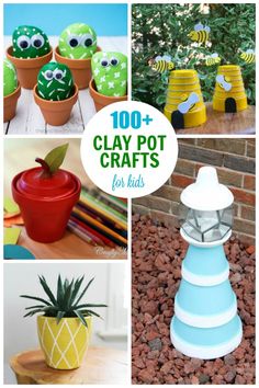 the collage shows different crafts made from clay pots