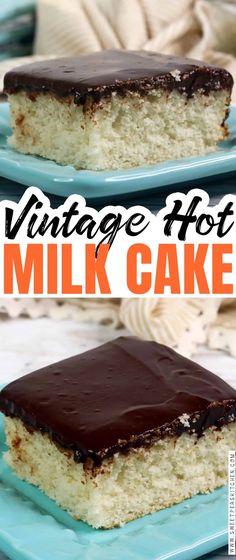 two slices of vintage hot milk cake on blue plates with text overlay that says vintage hot milk cake