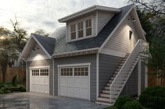 a two car garage with stairs leading up to the second floor and an attached porch