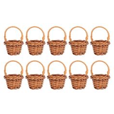 six brown wicker baskets with handles