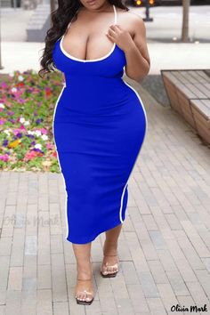 Olivia Mark - Solid Patchwork Spaghetti Strap Pencil Skirt Dress in Blue - Elegant Plus Size Option for Casual Wear Pencil Skirt Plus Size, Purple And Gold Dress, Skirt Plus Size, Sleeveless Suit, Pencil Skirt Dress, Hot Dress, Navy Blue Dresses, Skirt Dress, Pencil Dress