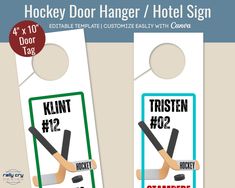 two door hangers with hockey stickers on the front and back of each one