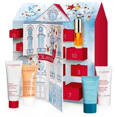 clarins gift set for women with 3 items in front of the box and one tube