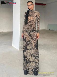 Weird Puss Mesh Print Women Maxi Dress Turtleneck Full Sleeve Bodycon Autumn Trendy Hipsters High Street Party Y2K Attirewear Streetwear Dress, Stand Neck, Long Bodycon Dress, Full Dress, Wholesale Dress, Women Maxi, Turtle Neck Dress, Long Sleeve Maxi, Khaki Color