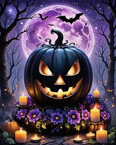 a halloween pumpkin with candles and flowers in front of a full moon filled night sky