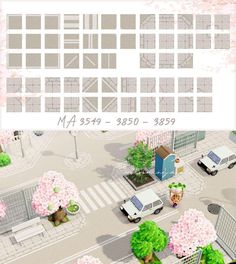 an aerial view of a city street with cars and trees in blooming pink flowers