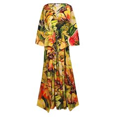 Our Tutti Frutti Maxi dress is downright delicious ! This big bold fabulous print has everything from bananas to watermelons to pineapples all in luscious colors. It is one dress that is certain to get you noticed!!! Let us dispel all the rumors about silk and humidity. Our silk crepe, being of the finest Italian quality performs beautifully in humidity so take this dress to the tropics with you for sure. Or use it during the summer in New York and stand out in the crowd!!! Length 54" One size, Vibrant Tropical Print Dress For Garden Party, Multicolor Tropical Print Dress For Brunch, Tropical Printed Dress For Brunch, Vibrant Green Tropical Print Maxi Dress, Tropical Multicolor Maxi Dress For Garden Party, Tropical Maxi Dress With Vibrant Print For Garden Party, Tropical Multicolor Dress For Brunch, Multicolor Fruit Print Dress For Brunch, Vibrant Tropical Print Multicolor Dress