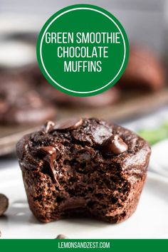 green smoothie chocolate muffins on a white plate with the words, green smoothie chocolate muffins