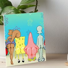 three cartoon characters are standing in front of a blue sky art board print on a table