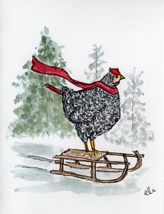 a drawing of a chicken on a sled with a red scarf around its neck