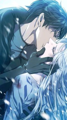 an anime couple kissing in the snow with their eyes closed and hair blowing back into the wind