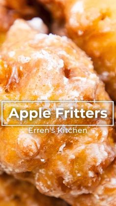 an image of apple fritters stacked on top of each other with the words apples fritters above them