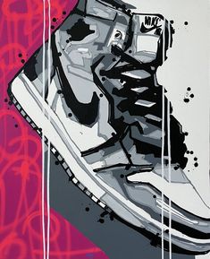 a painting of a pair of sneakers on a pink background