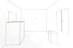 a line drawing of a room with two doors and one door on the other side