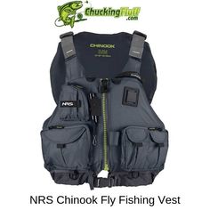 an image of a fishing vest with the words, nfs chinook fly fishing vest