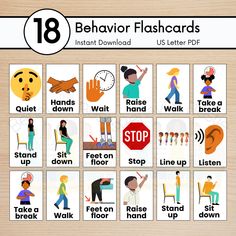 Help streamline classroom management and promote good behavior with this set of 18 behavior flashcards designed for teachers, therapists, and parents. This instant digital download includes a US Letter-sized PDF that is ready to print and use immediately. ⭐️What's Included: 18 Printable Flashcards: Each card features a vibrant, easy-to-understand illustration that demonstrates a specific behavior, such as "Quiet," "Wait," "Raise Hand," "Walk," "Take a Break," and more. Customizable Options: Choo Visual Cues For Behavior, Understand Illustration, Visual Cue Cards, Raise Hand, Behavior Cards, Behavior Management Strategies, Classroom Style, Printable Flashcards, How To Control Anger