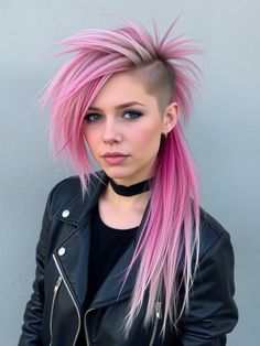 This long pink mohawk features sleek, straight hair on top and buzzed sides for an extreme punk statement. The vibrant pink color fades into icy blonde tips, adding a unique, eye-catching twist. This style is for the bold—ideal for those who want to push their punk aesthetic to the limits with a powerful, stand-out look. Punk Pink Hair, Punk Haircuts For Women, Bangs For Straight Hair, Punk Haircuts, Pink Mohawk, Stylish Bangs, Pink Haircut, Punk Haircut