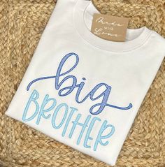 Your little one can look just as cool as their big brother or sister with these matching tees! Get ready for a ton of cute sibling photos with these stylish shirts! Wording options: Big Brother, Little Brother, Big Sister, Littler Sister Please select a thread color for each word. **Please message us below to order an infant gown or bodysuit.** When ordering an embroidered item, please specify your monogram initials or name, monogram font & thread color. All of the monogram options can be found Big Brother Shirt Embroidered, Big Brother Shirts, Baby Boy Monogram, Big Brother Little Brother, Boy Monogram, Sibling Photos, Big Brother Shirt, Brother Embroidery, Sibling Shirts