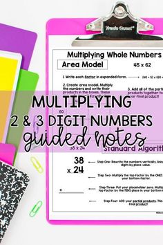 a clipboard with the text multiplying and 3 digit numbers guided notes on it