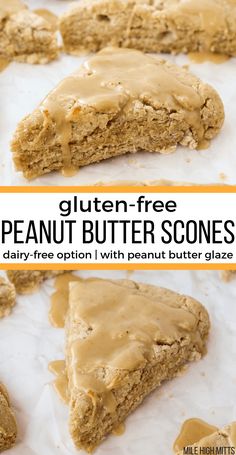 gluten - free peanut butter scones on parchment paper with text overlay