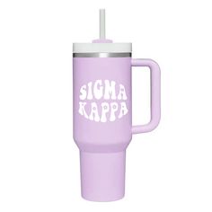 a purple travel mug with the words tri stigma printed on it and a white lid