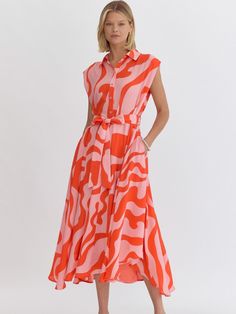 Coral + Red Printed Maxi Dress - Themasonboutique Fit Details, Coral Red, Fabric Details, Printed Maxi, Retro Vibe, Printed Maxi Dress, Shoulder Pads, Vintage Inspired, Button Up