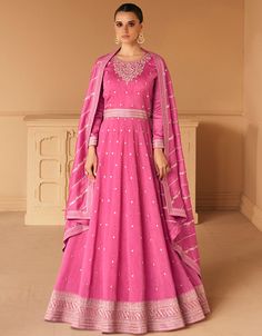 💖 Embrace Pretty in Pink Elegance! Discover our Pink Premium Silk Anarkali - a perfect blend of tradition and contemporary charm. Ideal for creating a striking and stylish look that exudes grace. Get ready to make a fashionable statement with your refined fashion sense! ✨👗 #ArabicAttireFashion #PinkAnarkali #EleganceInPink #TraditionMeetsChic #AnarkaliGlam Indian Party Gowns, Party Wear Anarkali, Lehenga Jewellery, Silk Anarkali, Half Saree Lehenga, Gown With Dupatta, Gown Suit, Indian Salwar Kameez, Readymade Saree