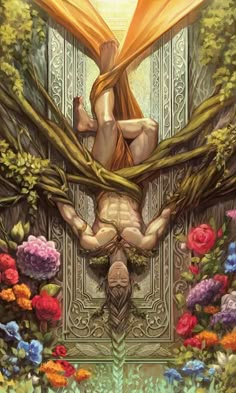 a painting of a naked man surrounded by flowers and vines with his arms stretched out