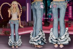 two dolls dressed in jeans with ruffles on the bottom and one wearing high heels