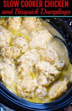 slow cooker chicken and biscuit dumplings in a crock pot with text overlay