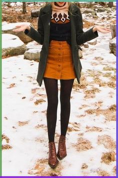 Lace Boots Outfit, Brown Ankle Boots Outfit, Orange Skirt Outfit, Lace Up Boot Outfit, Brown Lace Boots, Corduroy Skirt Outfit, Olive Coat, Brown Boots Outfit, Dressy Winter