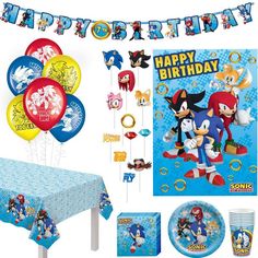 sonic the hedgehog birthday party supplies including balloons, plates and napkins for kids