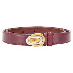 Crafted in Italy from bordeaux calf leather, this pre-owned belt by Gucci features an adjustable fit, a slim design and the signature 'GG' logo buckle accented by an intricate combination of both silver and gold-toned metal hardware. Colour: Bordeaux/ Silver/ Gold Composition: Calf Leather/ Silver-plated Metal/ Gold-plated Metal Size: One Size Measurements: Width: 2cm, Minimum Length: 63cm, Total Length: 67cm Condition: Very Good Overall Condition This item has been gently used. Elegant Gold-tone Logo Plaque Belt Buckle For Formal Occasions, Designer Formal Belt With Gold-tone Logo Plaque, Classic Gucci Belt For Business, Luxury Gold-tone Belt Buckle For Formal Wear, Elegant Gucci Leather Belt, Classic Gucci Belt Buckles, Classic Gucci Belt Buckle For Formal Wear, Gucci Elegant Business Belt, Gucci Luxury Belt For Formal Occasions