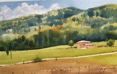 a watercolor painting of a farm in the country with trees and hills behind it