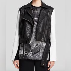 Helmut Lang Forge Cropped Leather Biker Moto Jacket Size Small Nwt Helmut Lang Forge Jacket In Pebbled Lambskin With Contrast Sleeves. Notch Collar; Double, Asymmetric Front Zip. Long Sleeves; Zipper Cuffs. Belted Hem Is Cropped At Hips. Imported. Items Are Retail Store Purchases And May Have Been Handled Or Tried On By Store Customers Prior To Sending, Photos Are Taken Of Item With Shipping Label And A Zip Tie Tag Attached To Represent The Item Purchased. White Fitted Punk Biker Jacket, White Fitted Edgy Leather Jacket, White Moto Biker Jacket For Spring, Edgy White Leather Jacket For Spring, White Fall Outerwear For Biker Events, White Outerwear For Biker Events In Fall, White Long Sleeve Edgy Biker Jacket, Trendy White Leather Biker Jacket, Asymmetrical Leather Jacket