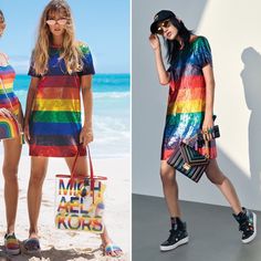 Michael Michael Kors Rainbow Striped Sequined Cotton T-Shirt Dress New With Tag Size Xxs Make A Bold Statement In This Short Sleeve T-Shirt Dress. Crafted From Soft Cotton-Jersey In An Easy Fit, It's Highlighted By Sequined Rainbow Stripes. Opt For A More-Is-More Approach And Accessorize It With The Season's Equally Vibrant Extras. Contrast Crewneck.Mini Shift Silhouette. Lined. Pullover Style. Hand Wash. Fits True To Size, Order Your Normal Size. 100% Cotton; Sequins: 100% Plastic; Lining: 100% Taylor Swift Concert Eras, Navy Blue Sundress, Lace Front Dress, Zig Zag Dress, Blue Sundress, Navy Shirt Dress, Jersey Wrap Dress, Tour Outfits, Colorful Dress